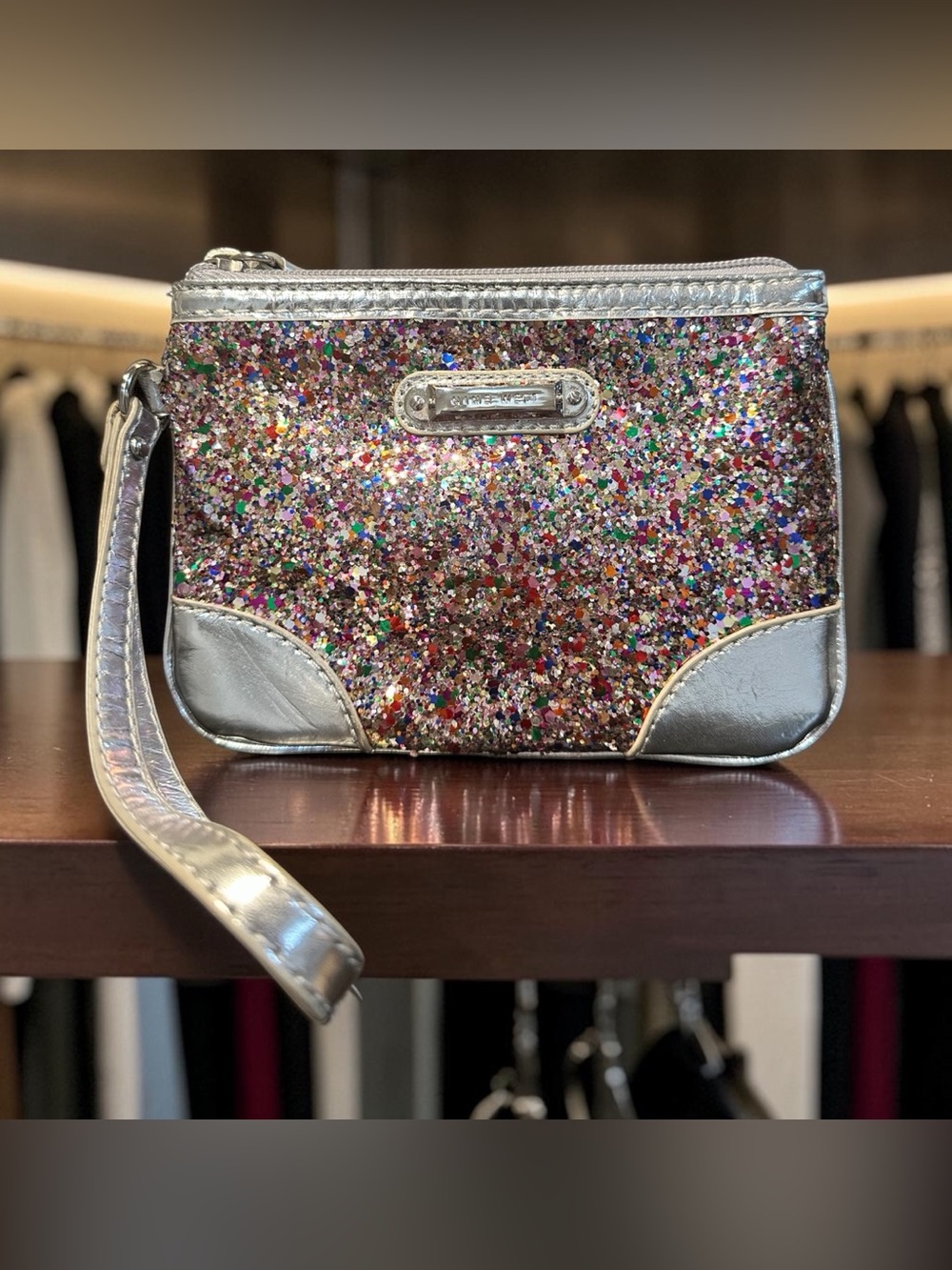 Nine West Multicolor Rainbow Glitter Wristlet Pouch – Silver Trim